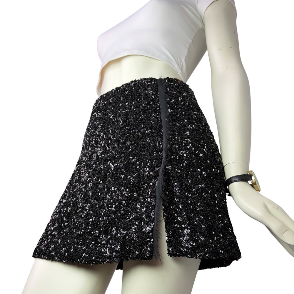 NWT ZARA Sequin Mini Skirt High Waist Sparkly Side Slit Black Disco Baddie  XS